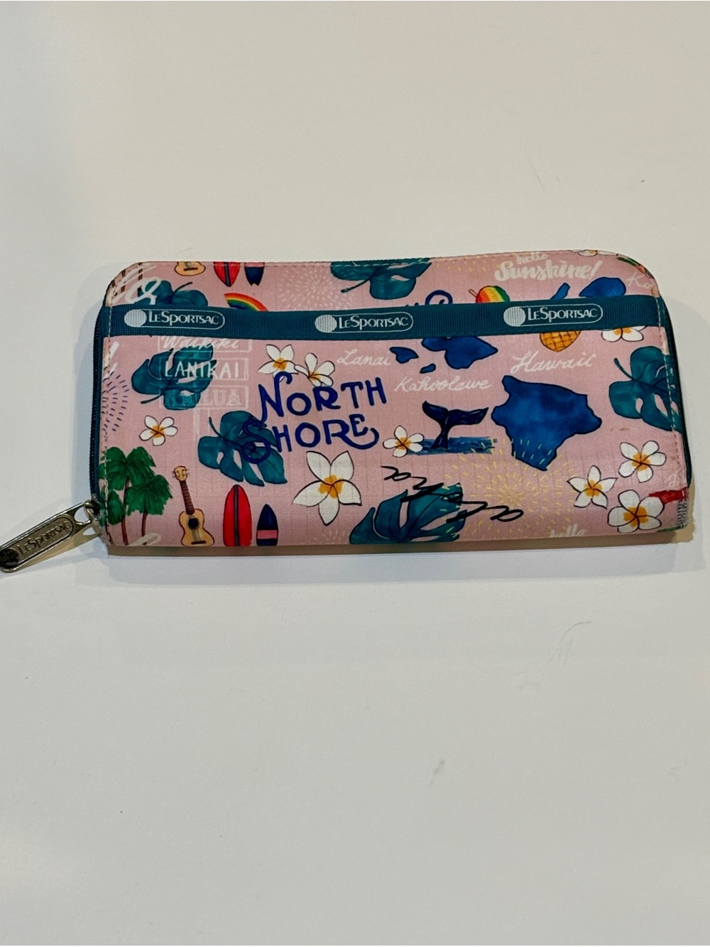 LeSportsac Pink Tropical Print Zip Wallet with Teal and Navy Accents - Picture 2 of 8